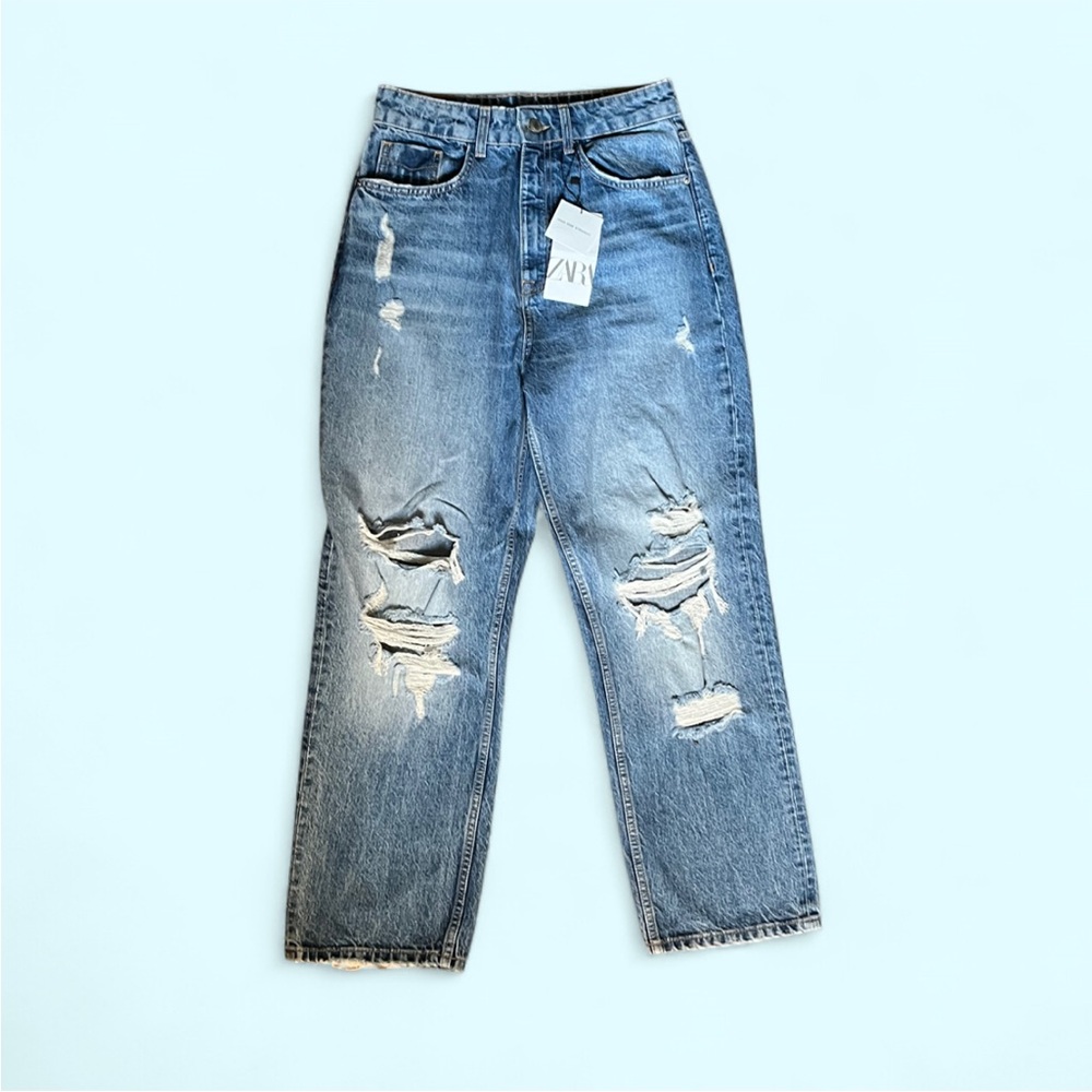 Zara High Rise Distressed Blue Jeans - Picture 2 of 8